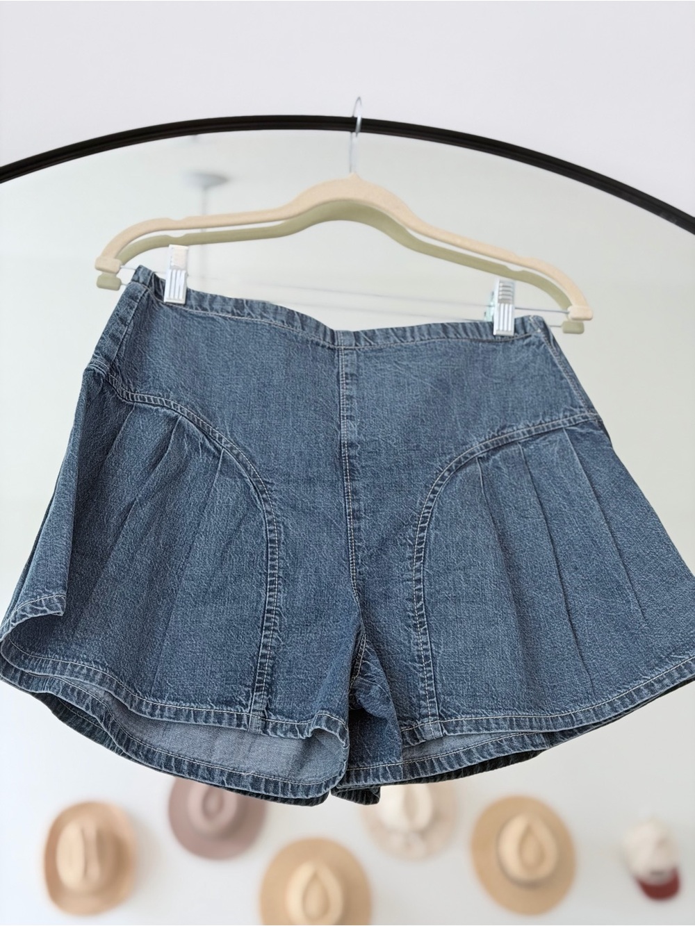 Free People We The Free Washed Blue Denim Pleated Flare Shorts